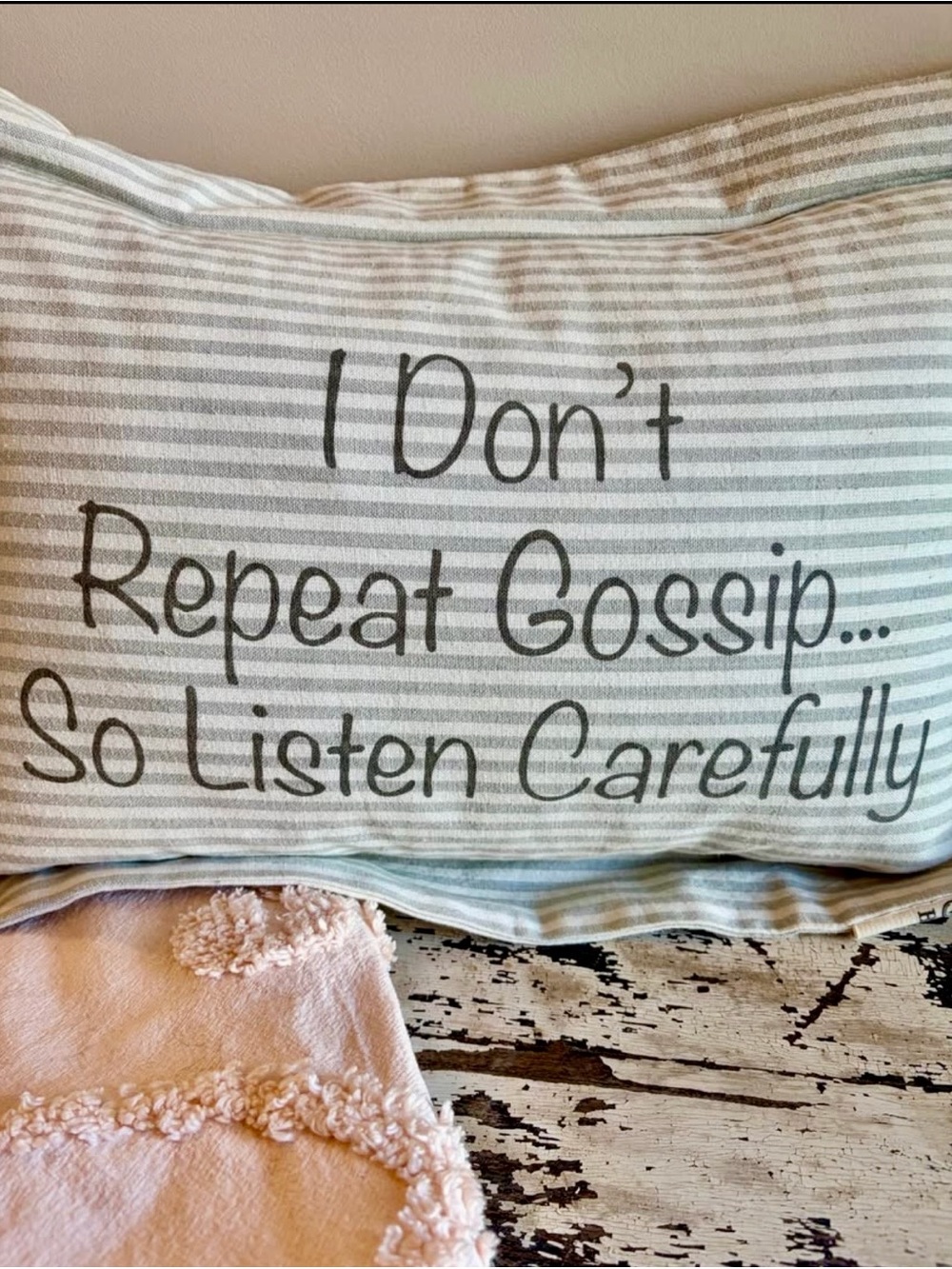 Accent Pillow - 'I Don't Repeat Gossip' Striped Accent Pillow in Light Gray